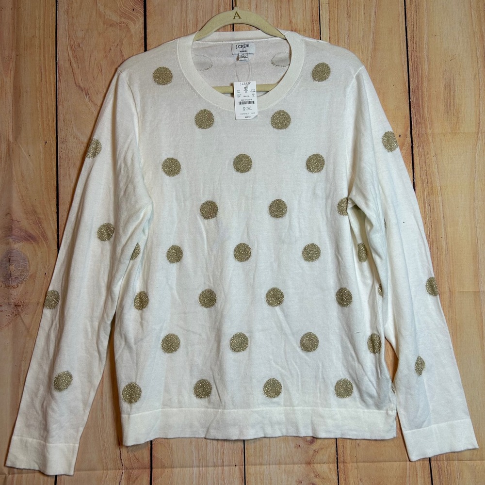 J.Crew Teddie Sweater Womens XL White Gold Metallic Polka Dot CE098 Holiday Glam